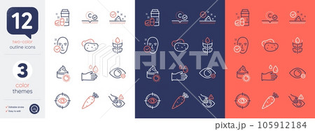Set of Carrot, Health skin and Sun cream line icons. Include Potato, Dont touch, Rubber gloves icons. Skin care, Gluten free, Medical drugs web elements. Myopia, Eye target. Fresh vegetable. Vector Set of Carrot, Health skin and Sun cream line icons. Include Potato, Dont touch, Rubber gloves icons. Skin care, Gluten free, Medical drugs web elements. Myopia, Eye target. Fresh vegetable. Vector 105912184