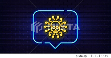 Neon light speech bubble. Cyber attack line icon. Ransomware threat sign. Hacker network symbol. Neon light background. Cyber attack glow line. Brick wall banner. Vector 105912239