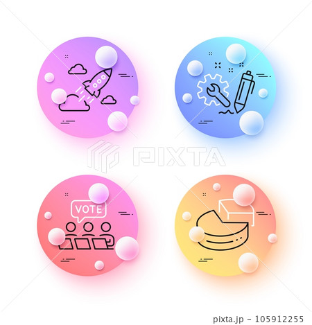 Online voting, Pie chart and Engineering minimal line icons. 3d spheres or balls buttons. Startup rocket icons. For web, application, printing. Internet poll, 3d graph, Construction. Vector Online voting, Pie chart and Engineering minimal line icons. 3d spheres or balls buttons. Startup rocket icons. For web, application, printing. Internet poll, 3d graph, Construction. Vector 105912255