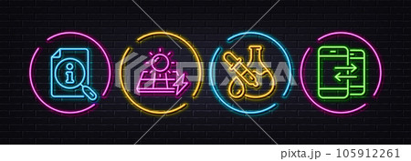 Solar panels, Search and Chemistry experiment minimal line icons. Neon laser 3d lights. Phone communication icons. For web, application, printing. Electric power, Find info, Laboratory flask. Vector Solar panels, Search and Chemistry experiment minimal line icons. Neon laser 3d lights. Phone communication icons. For web, application, printing. Electric power, Find info, Laboratory flask. Vector 105912261