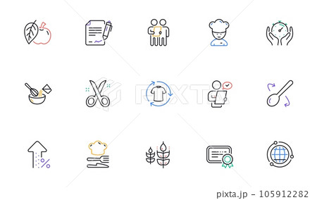 Chef hat, Customer survey, Approved application line icons. Scissors cutting, Certificate icons. Interest rate, gluten free. Linear set. Bicolor outline web elements. Vector 105912282