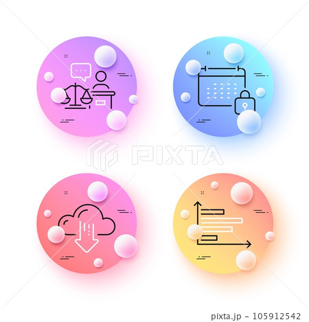 Cloud download, Horizontal chart and Court judge minimal line icons. 3d spheres or balls buttons. Calendar icons. For web, application, printing. File storage, Presentation graph, Judgement. Vector 105912542