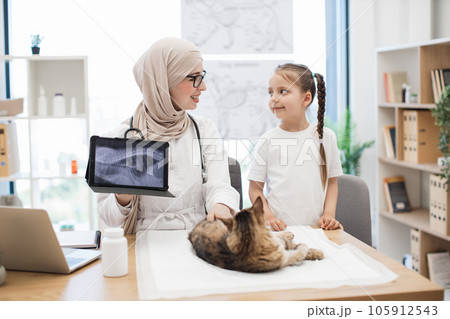 Vet with CT scans on tablet looking at pet owner in clinic 105912543