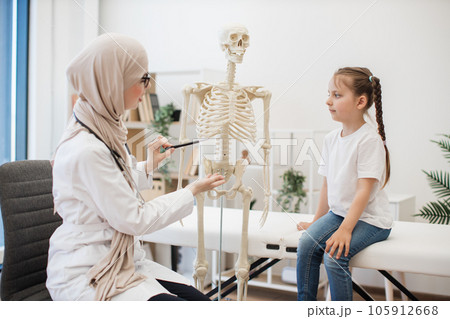 Physician showing ribs on anatomical model to preteen girl 105912668