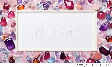 Frame of crystals and gem stones, sea glass, blue and pink colors Frame of crystals and gem stones, sea glass, blue and pink colors 105912843