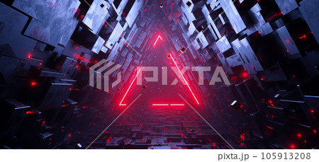 Sci-fi triangle tunnel with neon red laser triangle sign concept background Sci-fi triangle tunnel with neon red laser triangle sign concept background 105913208