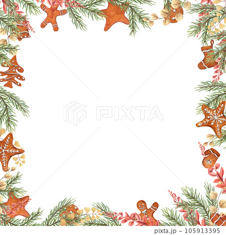 Watercolor frame of Christmas Spruce Branch, Gingerbread Cookies, Dried Plants isolated on white. Yellow and terracotta herbs, gingerbread man, stars, Xmas sock, mitten, fir needles. Space for text Watercolor frame of Christmas Spruce Branch, Gingerbread Cookies, Dried Plants isolated on white. Yellow and terracotta herbs, gingerbread man, stars, Xmas sock, mitten, fir needles. Space for text 105913395