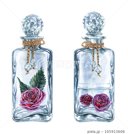Beautiful watercolor vintage bottle for perfume and elixirs in fantasy games, in the alchemy laboratory, for magic potions with roses Beautiful watercolor vintage bottle for perfume and elixirs in fantasy games, in the alchemy laboratory, for magic potions with roses 105913606