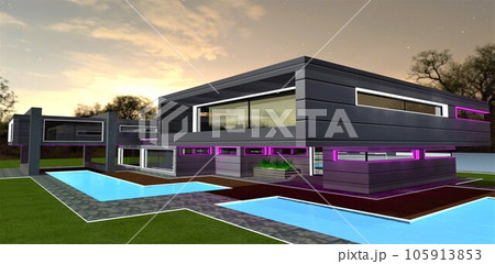 Exclusive architectural concept of a countryside residence with nighttime illumination. Great banner for advertising modern rural real estate. 3D rendering. 105913853