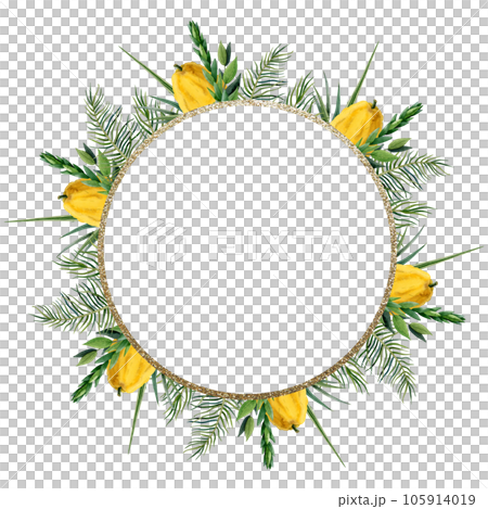 Elegant Sukkot traditional plants round frame floral watercolor illustration isolated on white background. Template with etrog, four species for Jewish holiday greeting cards, stickers 105914019
