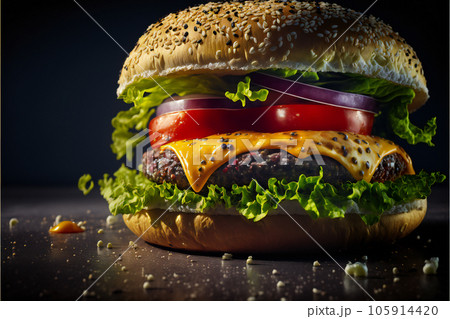 Cheeseburger close-up with meat cutlet onions, sesame tomatoes black background 105914420