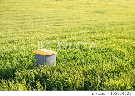 Plastic garbage container stands in the middle of a green field. Concept of save the world and the environment 105914528