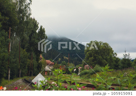 view of little railway station in carpathian mountains view of little railway station in carpathian mountains 105915091