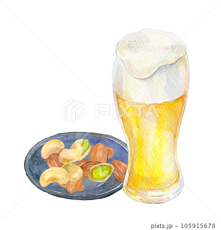 ビールとおつまみ　晩酌セット　水彩イラスト 105915678