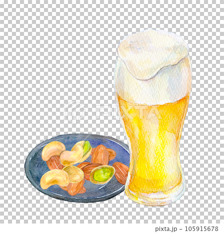 ビールとおつまみ　晩酌セット　水彩イラスト 105915678