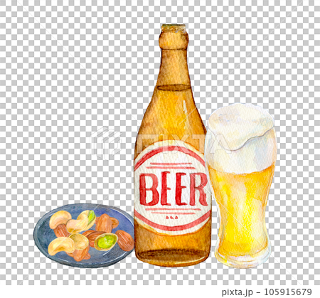 Beer and snacks evening drink set watercolor illustration 105915679