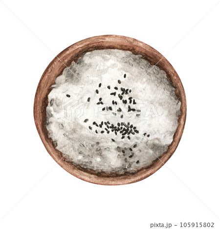 White rice and black sesame seeds in a wooden bowl. Watercolor illustration. 105915802