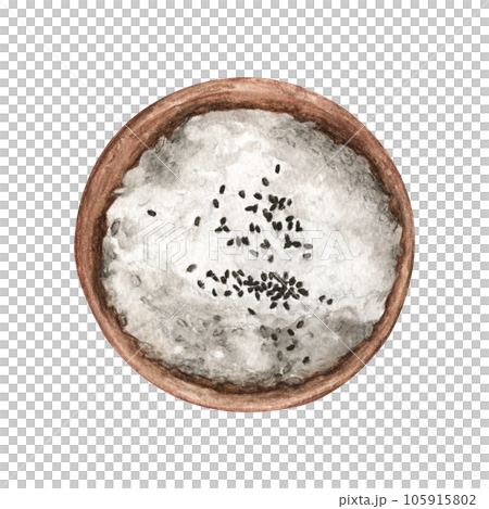 White rice and black sesame seeds in a wooden bowl. Watercolor illustration. 105915802