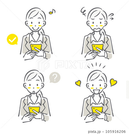 スマホを使っているスーツの女性　セット　シンプルでお洒落な線画イラスト 105916206