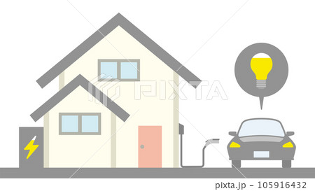 三角屋根の2階建て住宅の充電設備で電気自動車を充電しているイラスト 三角屋根の2階建て住宅の充電設備で電気自動車を充電しているイラスト 105916432