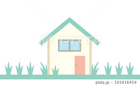 三角屋根の小さな家の周りに雑草が生い茂っているイラスト 105916459