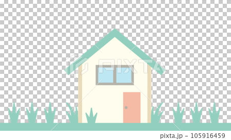 三角屋根の小さな家の周りに雑草が生い茂っているイラスト 105916459