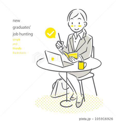 カフェでスケジュールを確認する就活中の女性 シンプルでお洒落な線画イラスト カフェでスケジュールを確認する就活中の女性 シンプルでお洒落な線画イラスト 105916926