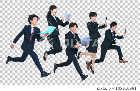 PNG一群年輕商人用數字設備跳躍背景透明剪輯 105916961