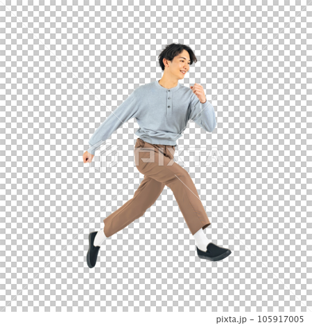 ジャンプするカジュアルな男性　背景透過切り抜きPNG 105917005