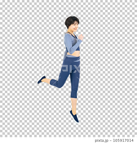 ジャンプするスポーツウェアを着た若い女性　背景透過切り抜きPNG 105917014