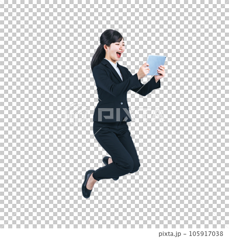 Business woman jumping while looking at tablet Background transparent PNG 105917038