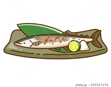 秋刀魚の塩焼き、スダチと大根おろし添えのイラスト素材 [105917278
