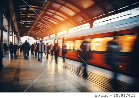 Fast moving crowd of people on a busy street with long exposure. Generative AI 105917423