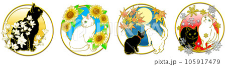 春夏秋冬_猫と花_横一列 105917479