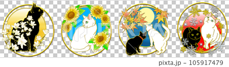 春夏秋冬_猫と花_横一列 105917479