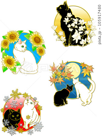 春夏秋冬_猫と花_縦並びのイラスト素材 [105917480] - PIXTA