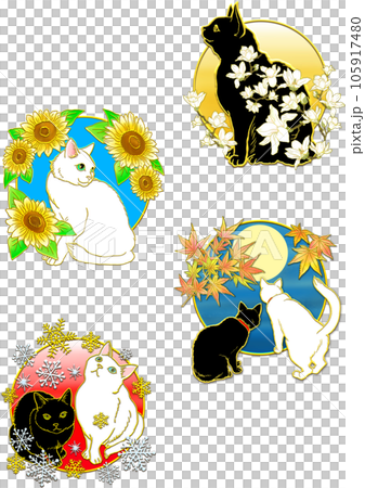 春夏秋冬_猫と花_縦並びのイラスト素材 [105917480] - PIXTA