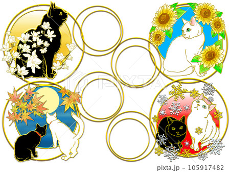 春夏秋冬_猫と季節の花_横 105917482