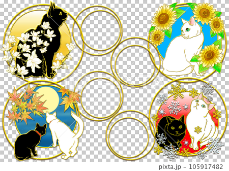 春夏秋冬_猫と季節の花_横 105917482