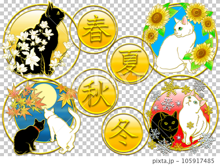 春夏秋冬_猫と花_横_文字背景黄色 105917485