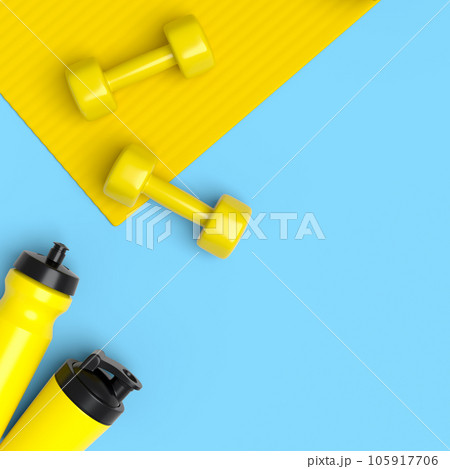 Isometric view of sport equipment like water battle, dumbbell and yoga mat 105917706