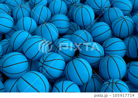 Many of flying blue basketball ball falling on pink background 105917714