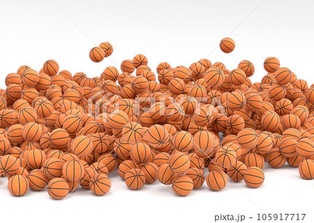 Many of flying orange basketball ball falling on white background Many of flying orange basketball ball falling on white background 105917717