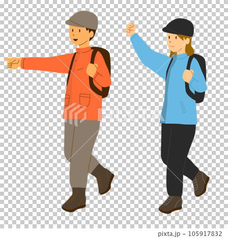 Illustration of men and women happily hiking 105917832