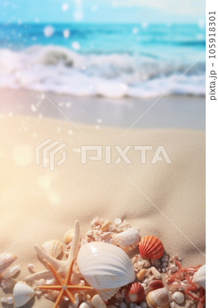 Landscape with seashells on tropical beach - summer holiday Landscape with seashells on tropical beach - summer holiday 105918301