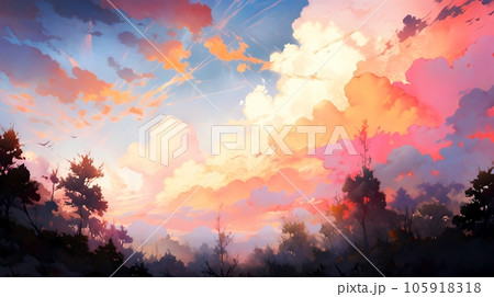 秋の空、夕暮れ時の秋空のアニメ風イラスト　AI生成画像 105918318