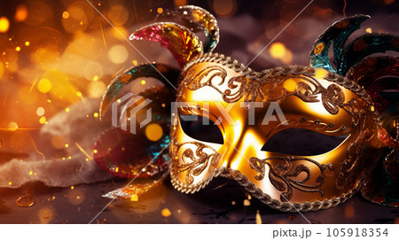 Carnival, Venetian Mask on a dark table, Masquerade Disguise Party, Shiny Gold Background Banner Carnival, Venetian Mask on a dark table, Masquerade Disguise Party, Shiny Gold Background Banner 105918354
