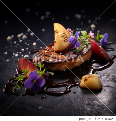 Foie gras, a pate decorated with edible flowers and micro greenery. 105918382