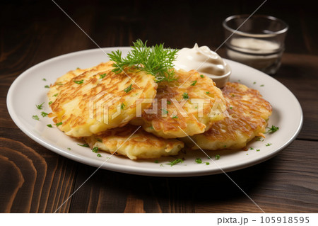 Potato pancakes draniki with herbs and sour cream Potato pancakes draniki with herbs and sour cream 105918595
