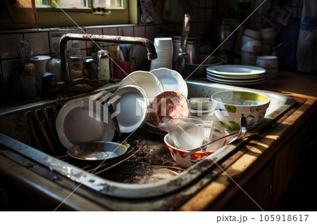 A lot of dirty dishes are in the sink in the kitchen. Dirty plates 105918617